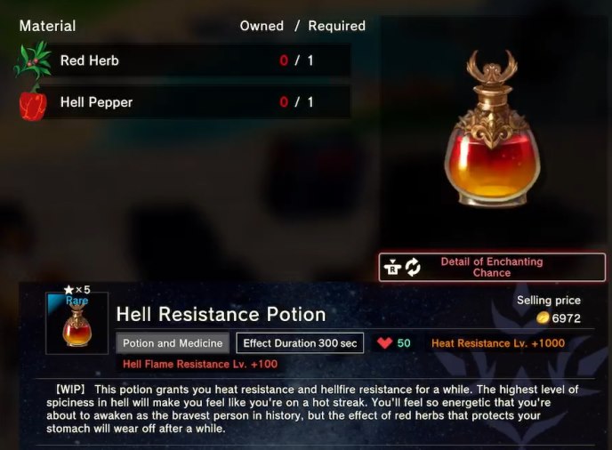 Craftopia Hell resistance potion requires hell peppers