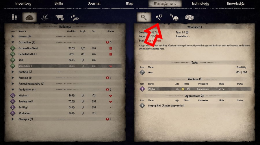 Tab over to the production tab - Medieval Dynasty management screen