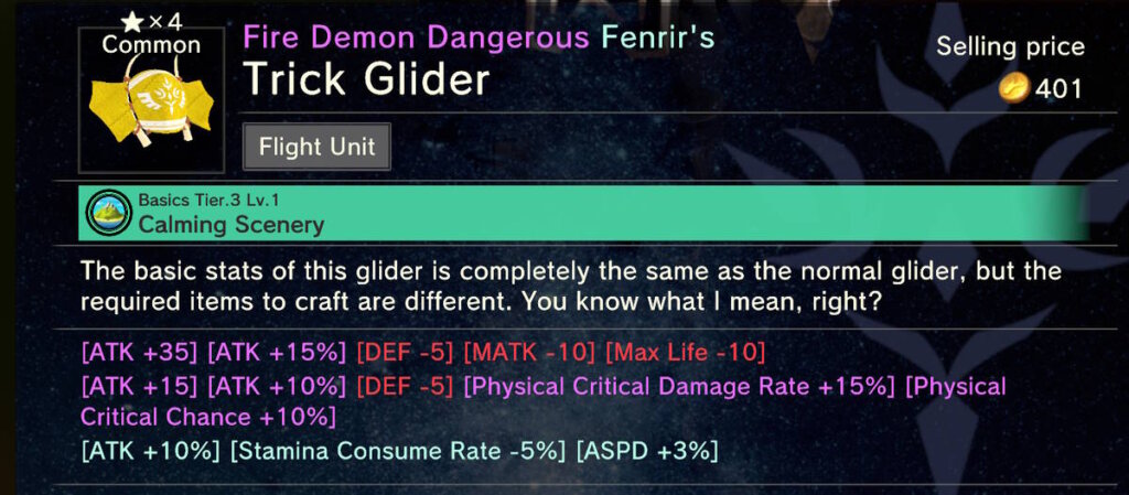 Trick Glider with Fire Demon, Dangerous, and Fenrir's enchants
